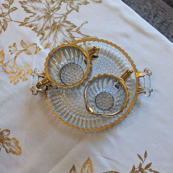 Vintage Jeannette Glass Creamer Sugar Bowl & Tray Set Ribbed Gold Hobnail MCM - Picture 16 of 16